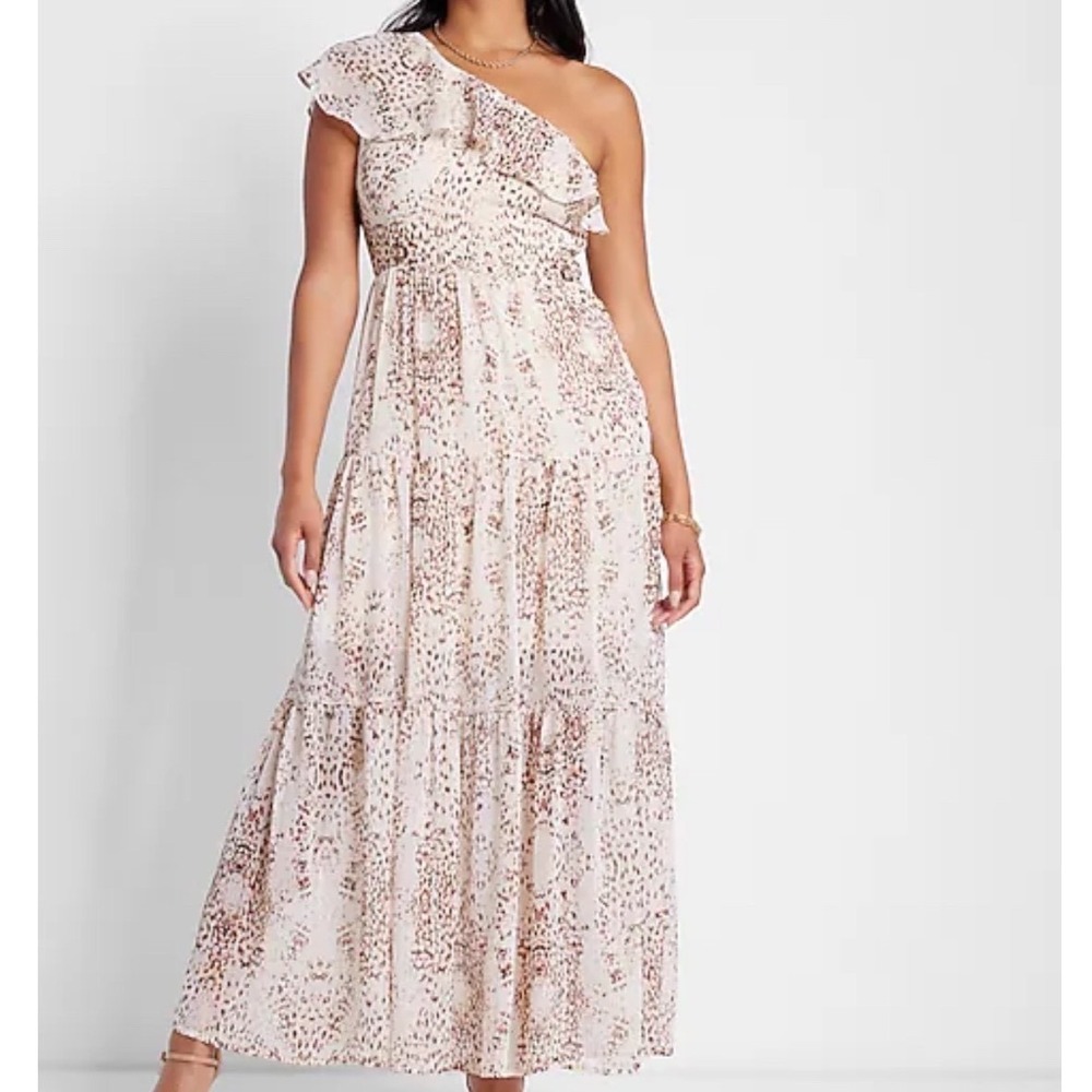 EXPRESS x Rachel Zoe One Shoulder Ruffle Maxi Dress Leopard Print Size L‎